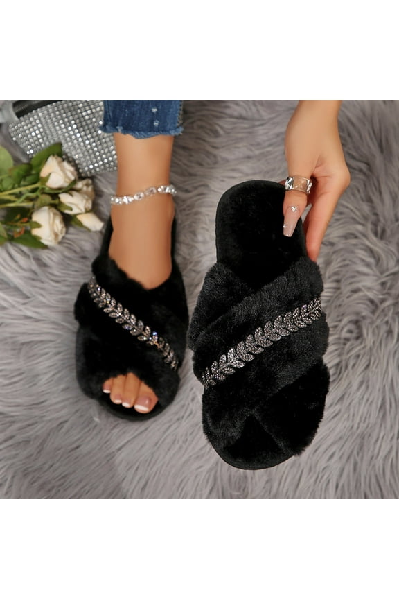 Women's Plush Slide Slippers, House Shoes with Crossband Design, Soft Indoor & Outdoor Comfort Slippers Bride Slippers for Wedding Day