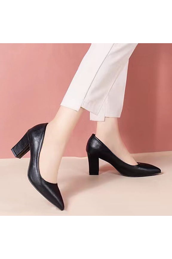 Women's Pointed Toe Block Heel Pumps, Chunky High Heel Dress Shoes with Cushioned Insole, Faux Leather Comfortable Work Flats, Versatile Solid Color Design for Office Daily Gift