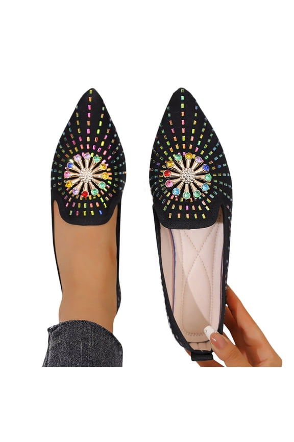 Women's Pointed Toe Flat Moccasins Shallow Dress Shoes with Rhinestone Decor, Fall Winter Fashion Slip-Ons Gift