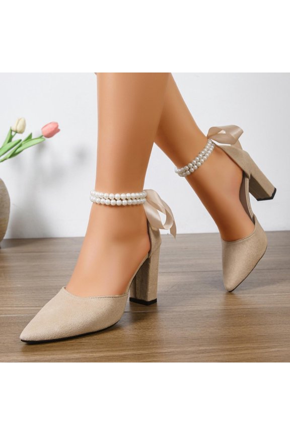 Women's Pointed Toe Heels, Pearl Ankle Strap Satin Bow Pumps, Detachable Dress Shoes with Hollow Detail, Versatile Spring Evening Party Footwear Gift