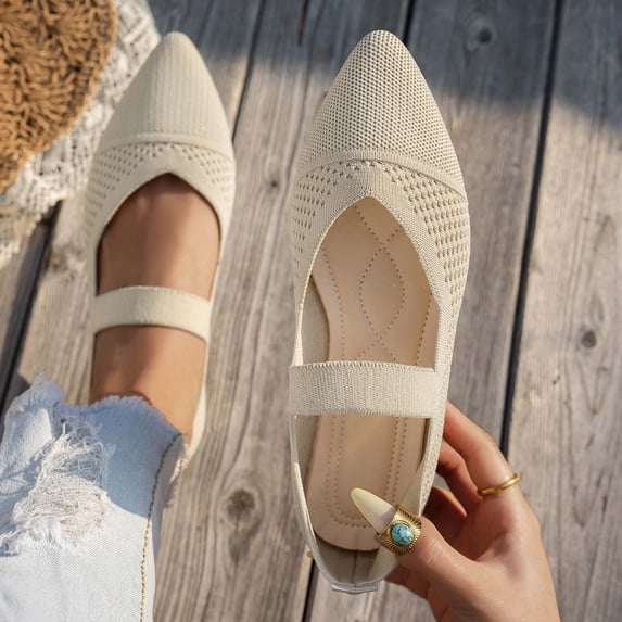 Xucatan Women's Pointed Toe Mesh Flats with Stretchy Knit Upper, Breathable Elastic Mary Jane Style Slip On Shoes, Soft Cushioned Insole Comfort Flats for Wide Feet and Daily Walking Gift
