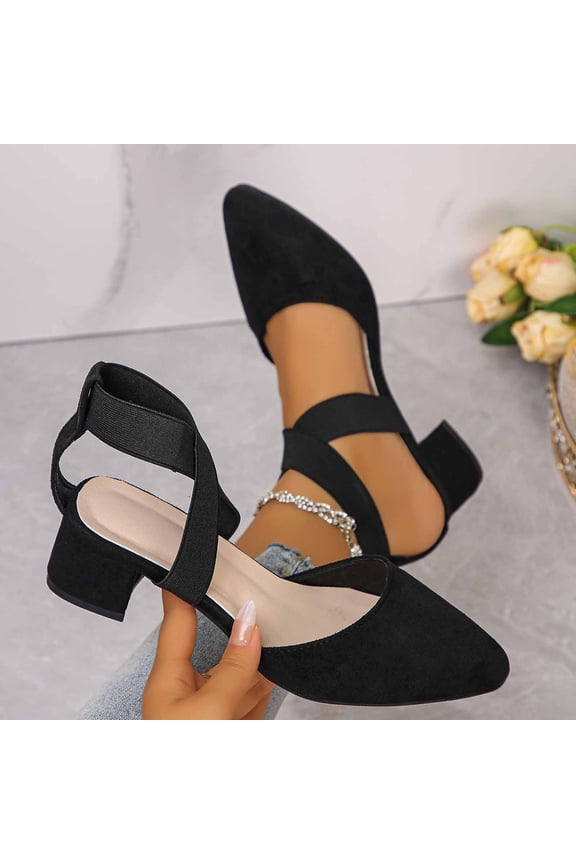 Women's Pointed Toe Mid Heel Sandals with Elastic Ankle Straps, Comfortable Block Heels for All Day Walking, Soft Faux Leather Casual Shoes for Work and Daily Wear Gift