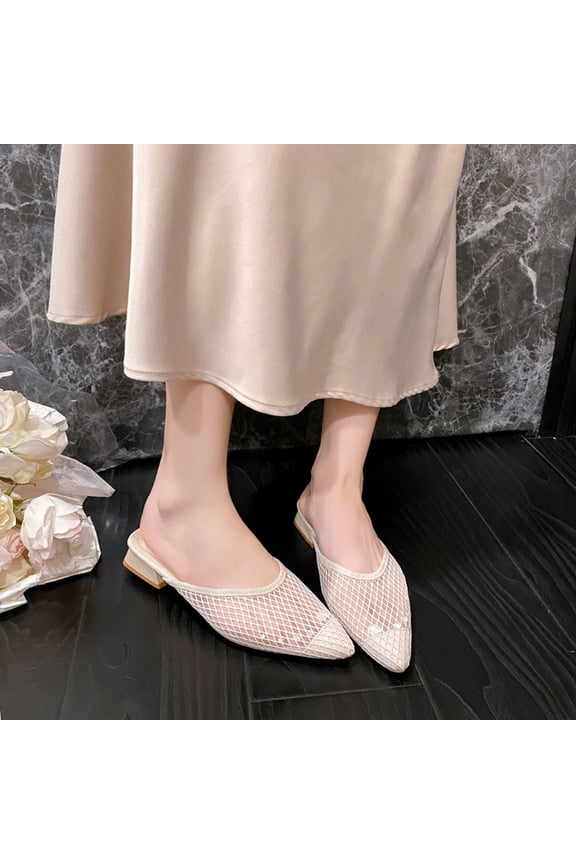 Women's Pointed Toe Slippers, Low Heel Plus Size Mesh Open Toe Footwear, Breathable Casual Mule Sandals, Versatile Spring Summer Flat Shoes for Daily Outdoor Wear Gift