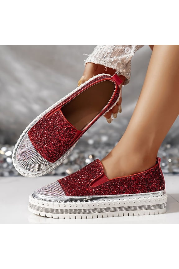 Women's Red Rhinestone Loafers, Sparkly Glitter Slip On Flats, Crystal Embellished Comfortable Platform Shoes for Party Daily Gift