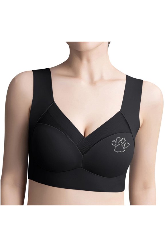 Women's Rhinestone Floral Embroidered Wireless Bralette, Thin Side Support Gather, Soft Stretch Nylon, Smooth Racerback Full Coverage for Daily Casual Gift