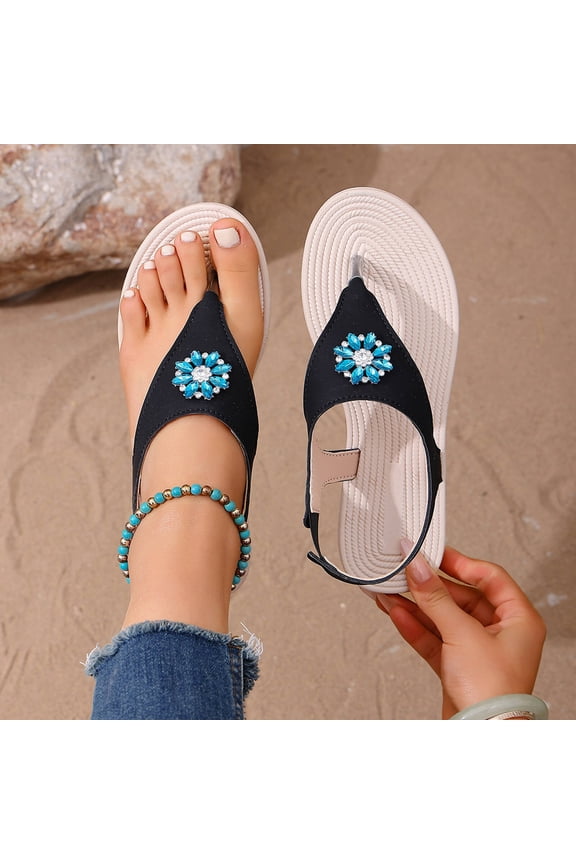 Women's Rhinestone Thong Sandals, Crystal Flower Toe Post Footwear, Adjustable Slingback Flat Heels, Plus Size Casual Beach Shoes Gift