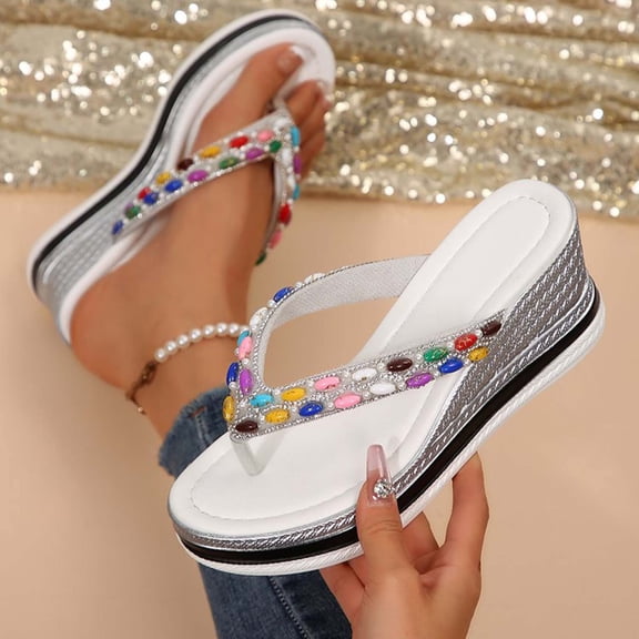 Xucatan Women's Rhinestone Wedge Flip Flops, Multicolor Sparkly Thong Sandals with Chunky Platform, Open Toe Casual Summer Slippers, Bohemian Glitter Design for Beach Outdoor Gift