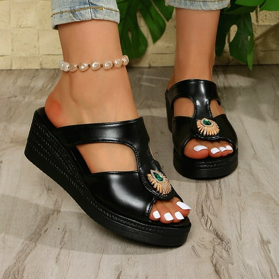 Xucatan Women's Rhinestone Wedge Sandals, Metallic Faux Leather Open Toe Mules, Glamorous Plus Size Slip On Shoes for Evening Events Gift
