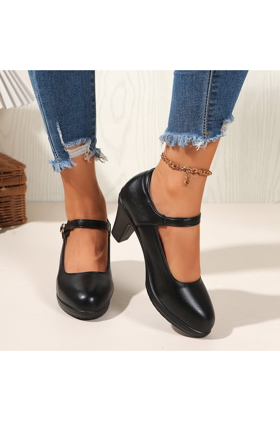 Women's Round Toe High Heel Sandals with Buckle Ankle Strap, Chunky Block Heels Comfortable Dress Shoes, Soft Faux Leather Plus Size Heels for Spring Summer Walking Gift