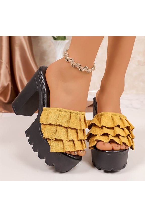 Women's Ruffle Mule Heels, Layered Frill Open Back Slippers with Chunky Platform, Elegant High Heel Dressy Sandals, Versatile Soft Fabric Summer Footwear for Party Date Gift