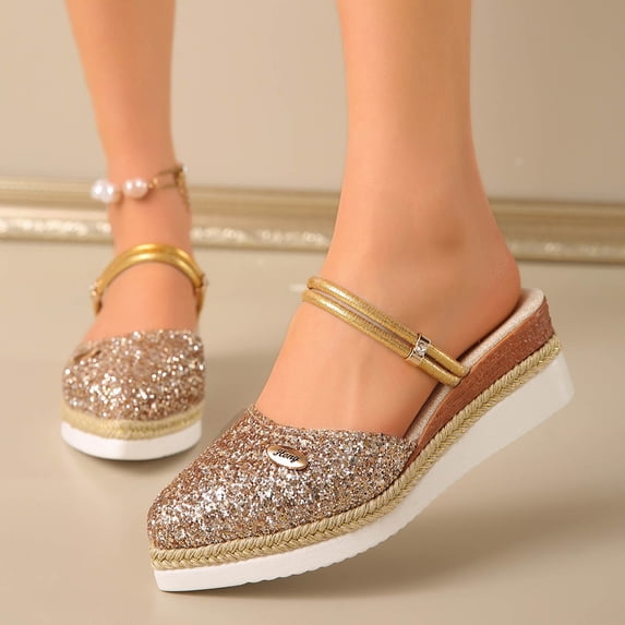 Xucatan Women's Sequin Wedge Heels, Pointed Toe Closed Toe Backless Mules with Detachable Strap, Gold Glitter Espadrille Sandals, Versatile Summer Party Footwear Gift