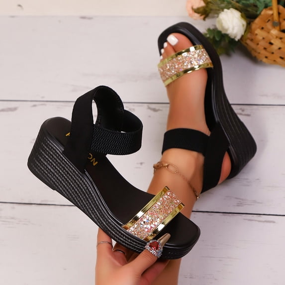 Xucatan Women's Sequin Wedge Sandals, Rhinestone Embellished Open Toe Platform Slippers with Elastic Ankle Strap, Square Toe Chunky Thick Sole Casual Summer Shoes Gift