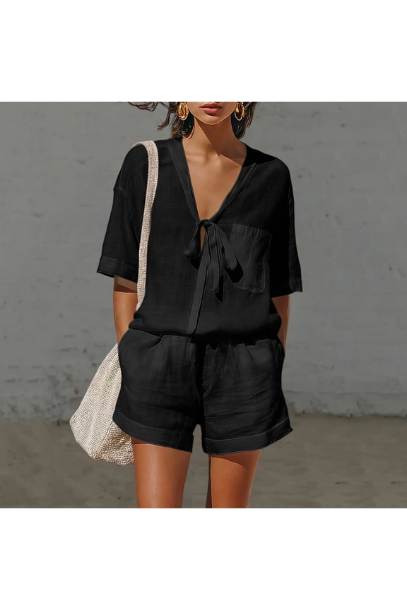 Women's Short Sleeve Linen Shorts Set, Casual Round Neck Blouse with High Waist Pocket Shorts, Soft Breathable Summer Two Piece Outfit for Spring, Cute Cozy Matching Set Gift