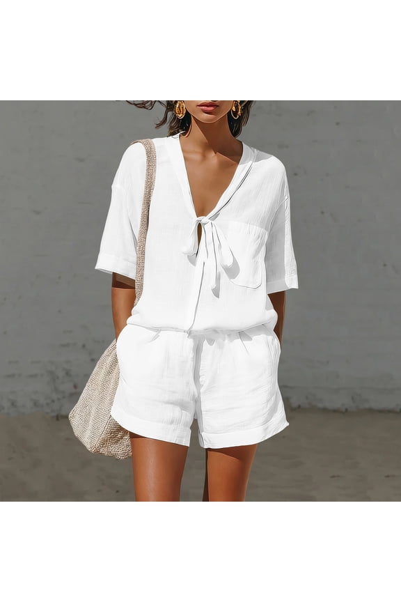 Women's Short Sleeve Linen Shorts Set, Casual Round Neck Blouse with High Waist Pocket Shorts, Soft Breathable Summer Two Piece Outfit for Spring, Cute Cozy Matching Set Gift