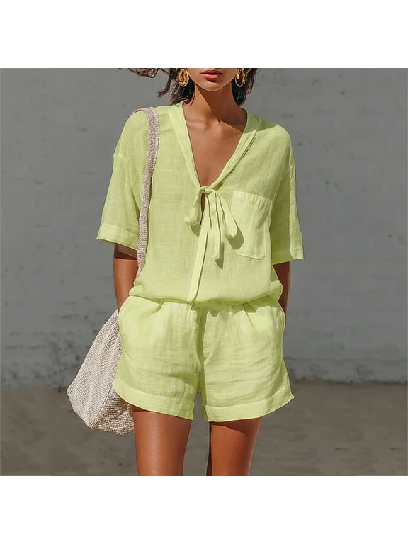 Women's Short Sleeve Linen Shorts Set, Casual Round Neck Blouse with High Waist Pocket Shorts, Soft Breathable Summer Two Piece Outfit for Spring, Cute Cozy Matching Set Gift