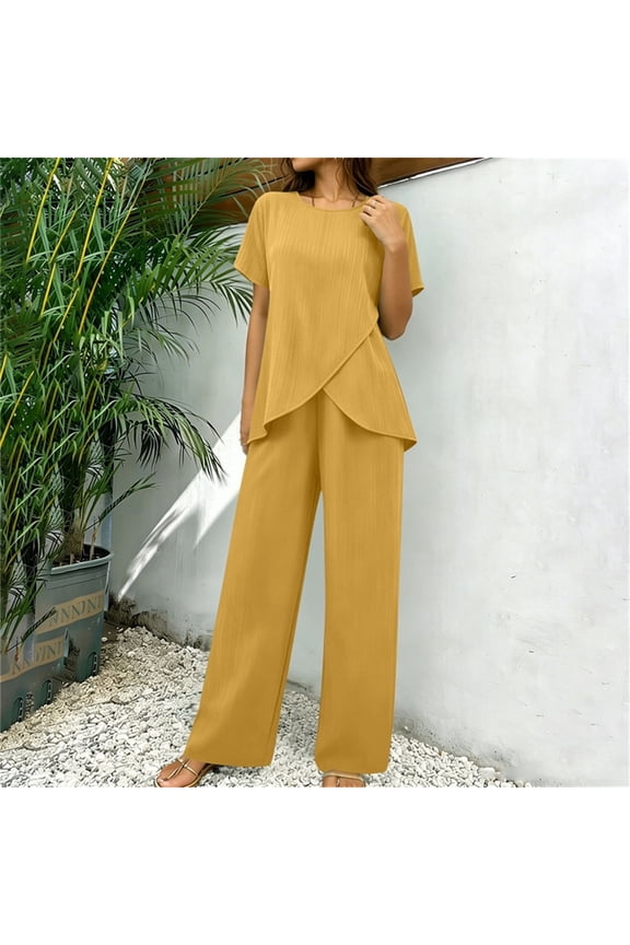 Women's Short Sleeve Round Neck Crop Tops, Casual Solid Color Blouses with High Waist Elastic Pants, Loose Fit Summer Cozy Set for Spring, Cute Two Piece Outfit Gift