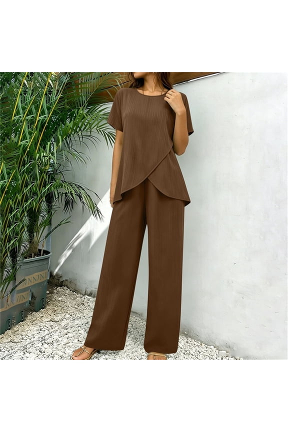Women's Short Sleeve Round Neck Crop Tops, Casual Solid Color Blouses with High Waist Elastic Pants, Loose Fit Summer Cozy Set for Spring, Cute Two Piece Outfit Gift
