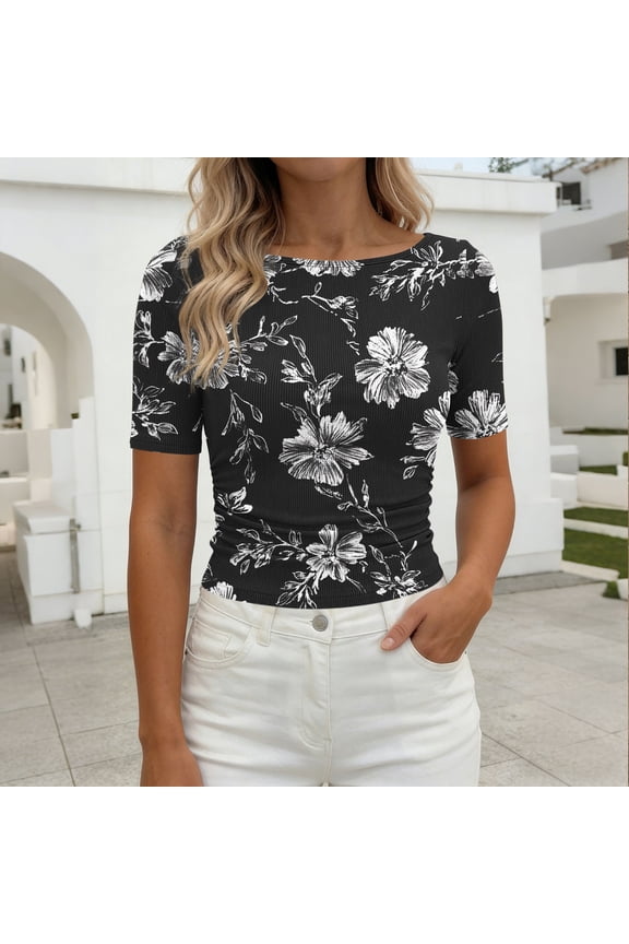 Women's Short Sleeve Ruched Tops, Casual Round Neck Blouses with Fitted Side Detail, Soft Stretchy Print Tees for Spring, Cute Flowy Shirts for Summer Daily Wear Gift