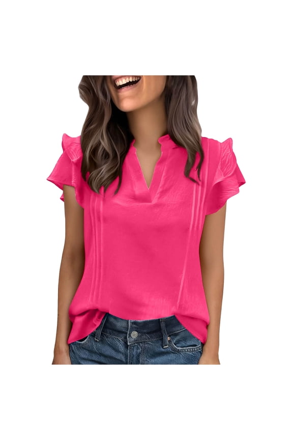 Women's Short Sleeve Ruffle Tops, Casual V Neck Blouses with Flutter Sleeve Detail, Soft Lightweight Summer Shirts for Spring, Cute Flowy Tees for Daily Wear Gift