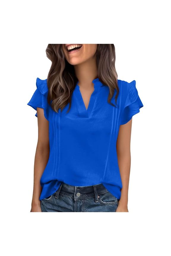 Women's Short Sleeve Ruffle Tops, Casual V Neck Blouses with Flutter Sleeve Detail, Soft Lightweight Summer Shirts for Spring, Cute Flowy Tees for Daily Wear Gift