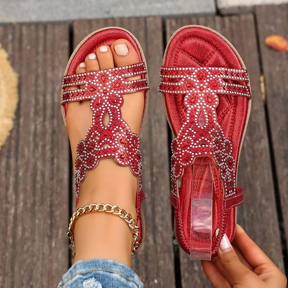 Xucatan Women's Slope Heel Sandals, Elastic Strap Shoes with Rhinestone Flower, Open Toe Casual Footwear for Spring Summer Daily Gift