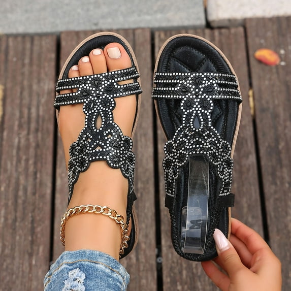 Xucatan Women's Slope Heel Sandals, Elastic Strap Shoes with Rhinestone Flower, Open Toe Casual Footwear for Spring Summer Daily Gift