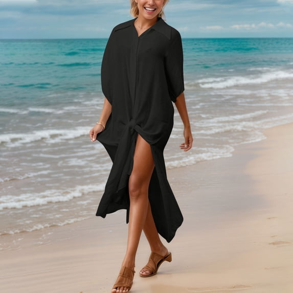 Xucatan Women's Solid Color Button Down Sun Protection Cover Up with Lapel Collar and Long Sleeves, Modest Bikini Cardigan Dress for Beach Pool Vacation Gift