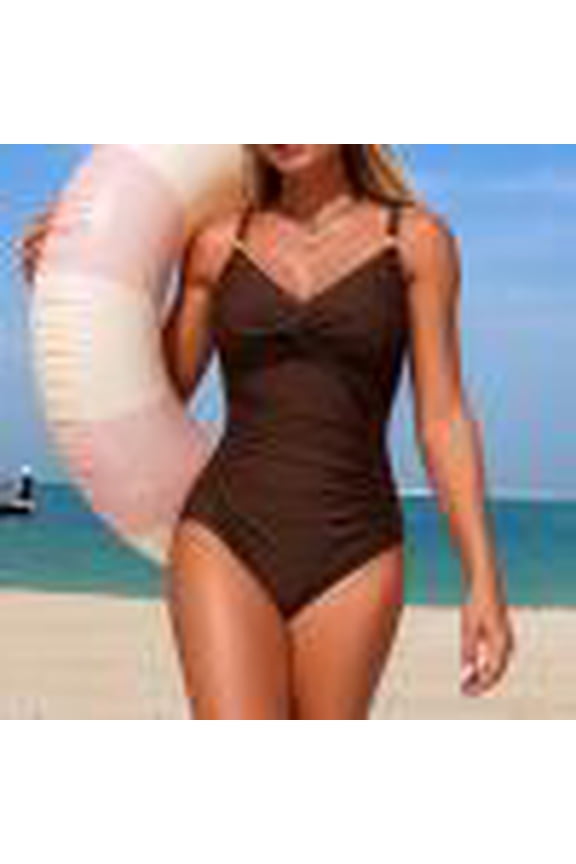 Women's Solid Color V Neck One Piece Swimsuit with Removable Pads and Ruched Tummy Control, Modest Monokini with Adjustable Straps for Beach Pool Vacation Gift