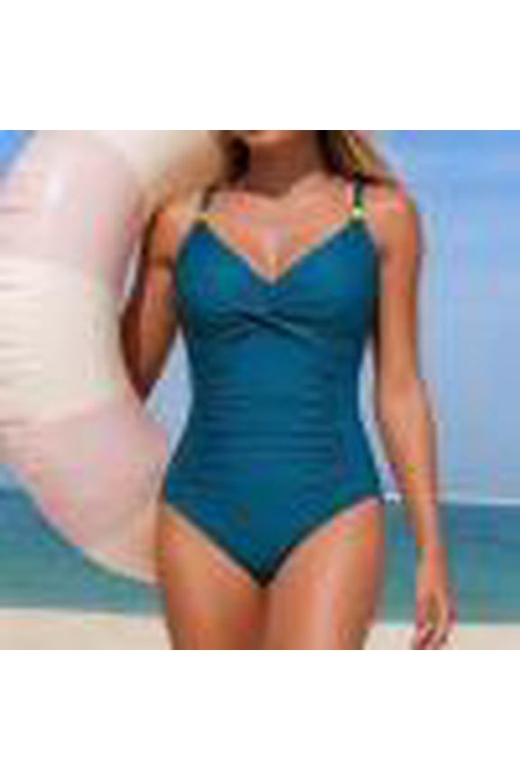 Women's Solid Color V Neck One Piece Swimsuit with Removable Pads and Ruched Tummy Control, Modest Monokini with Adjustable Straps for Beach Pool Vacation Gift