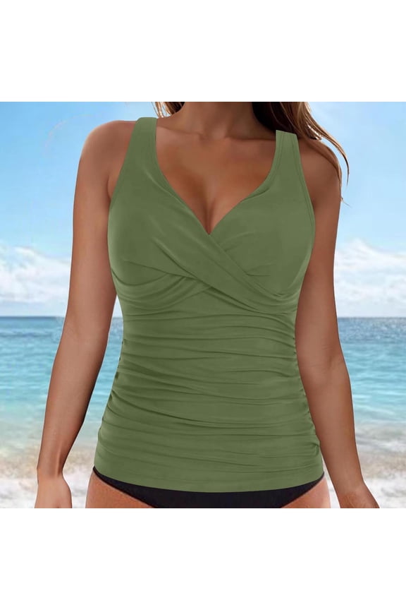 Women's Solid V Neck Bikini Top with Push Up Padding and Ruched Full Body, Sleeveless Swimwear Blouse with Crisscross Back for Beach Pool Vacation Gift