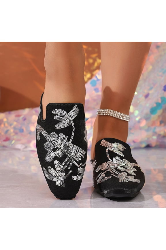 Women's Sparkly Sequin Flat Sandals, Slip On Mule Slippers with Abstract Design, Plus Size Elegant Evening Wear Gift