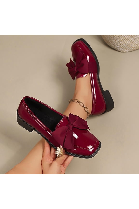 Women's Square Toe Bow Loafers, Patent Leather Slip On Shoes with Removable Bow, Low Block Heel Casual Pumps, Versatile British Style Design for Spring Summer Daily Gift