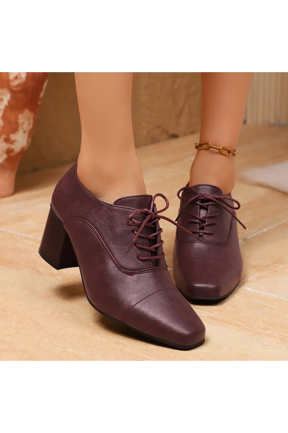 Women's Square Toe Lace-Up Zipper Leather Shoes, Chunky Heel Ankle Booties for Women, Dressy Casual Fall Winter Boots for Office & Daily Wear Gift