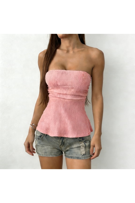 Women's Strapless Ruffle Hem Tops, Solid Color Tube Blouses with Textured Stretchy Fabric, Lightweight Summer Tanks for Spring, Cute Peplum Shirts for Daily Beach Wear Gift