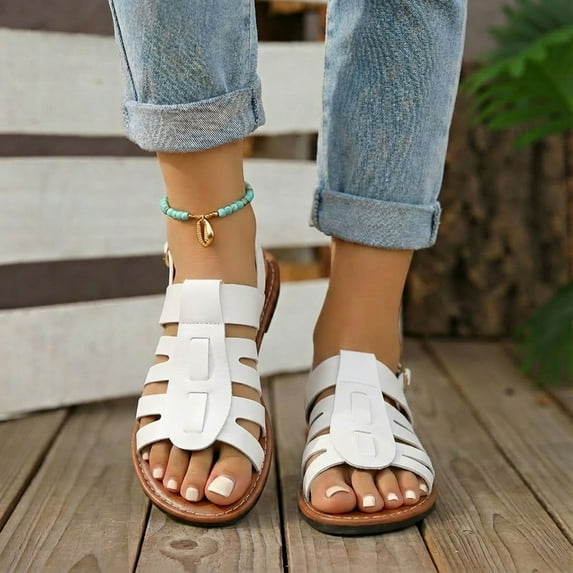 Xucatan Women's Strappy Peep Toe Flat Sandals, Adjustable Buckle Roman Shoes, Plus Size Breathable Spring Footwear Gift