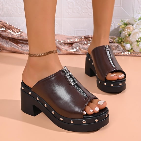 Xucatan Women's Studded Mule Heels, Peep Toe Platform Sandals with Front Zipper, Chunky High Heel Beach Slippers, Edgy Rock Style Casual Summer Shoes for Outdoor Gift