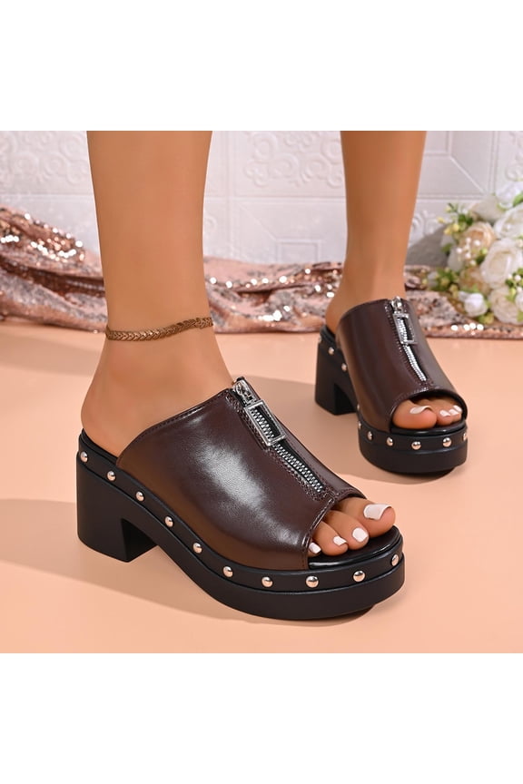 Women's Studded Mule Heels, Peep Toe Platform Sandals with Front Zipper, Chunky High Heel Beach Slippers, Edgy Rock Style Casual Summer Shoes for Outdoor Gift