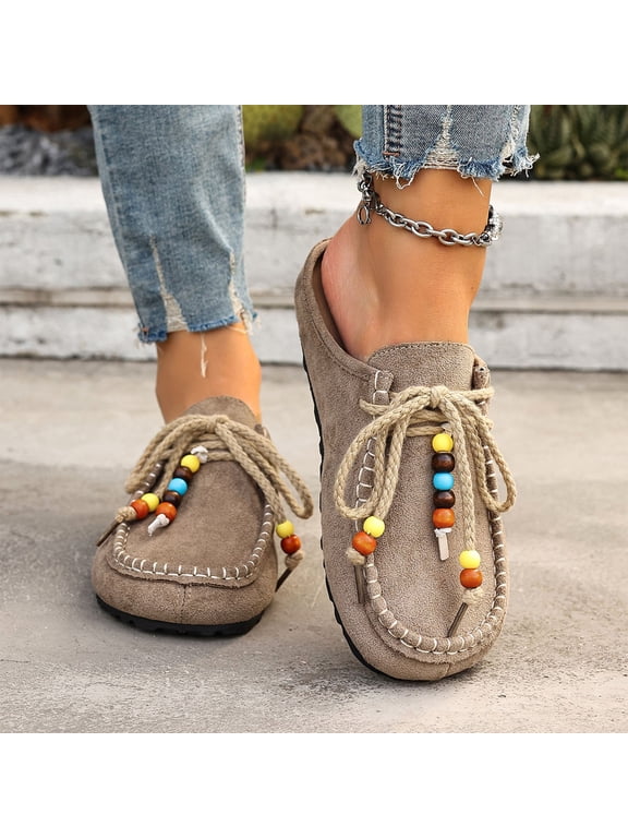 Women's Suede Flat Moccasin Mules with Beaded Casual Comfortable Round Toe Soft Sole Slip On Clogs for Daily Work Anti-Slip Walking Slides Comfortable Casual Wear Gift