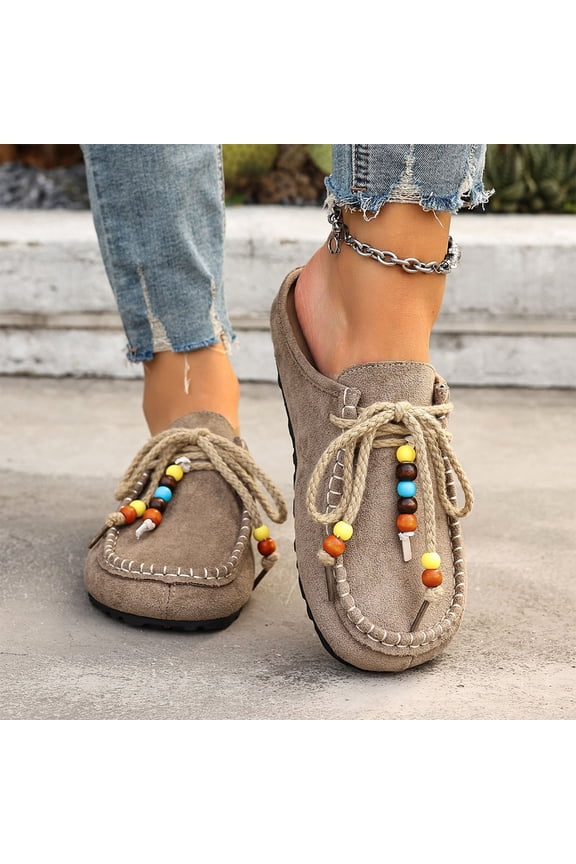 Women's Suede Flat Moccasin Mules with Beaded Casual Comfortable Round Toe Soft Sole Slip On Clogs for Daily Work Anti-Slip Walking Slides Comfortable Casual Wear Gift