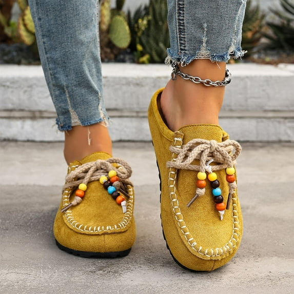 Xucatan Women's Suede Flat Moccasin Mules with Beaded Casual Comfortable Round Toe Soft Sole Slip On Clogs for Daily Work Anti-Slip Walking Slides Comfortable Casual Wear Gift