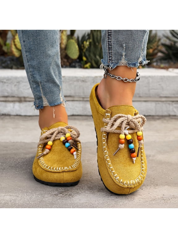 Women's Suede Flat Moccasin Mules with Beaded Casual Comfortable Round Toe Soft Sole Slip On Clogs for Daily Work Anti-Slip Walking Slides Comfortable Casual Wear Gift