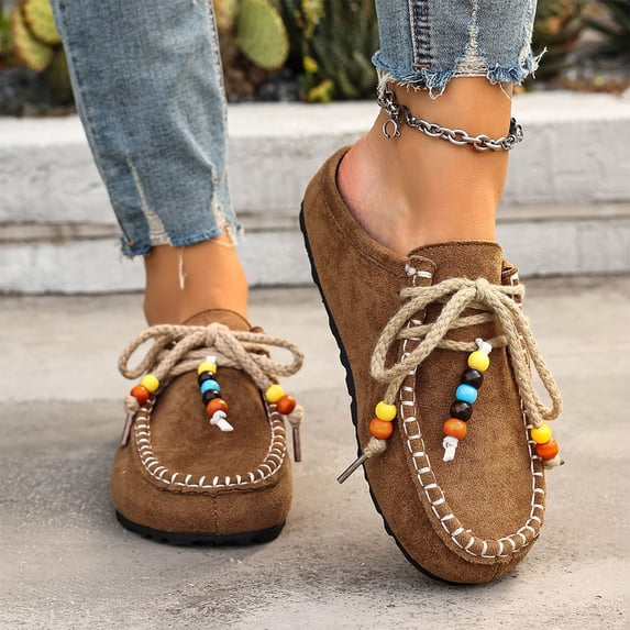 Xucatan Women's Suede Flat Moccasin Mules with Beaded Casual Comfortable Round Toe Soft Sole Slip On Clogs for Daily Work Anti-Slip Walking Slides Comfortable Casual Wear Gift