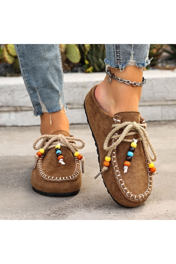 Women's Suede Flat Moccasin Mules with Beaded Casual Comfortable Round Toe Soft Sole Slip On Clogs for Daily Work Anti-Slip Walking Slides Comfortable Casual Wear Gift