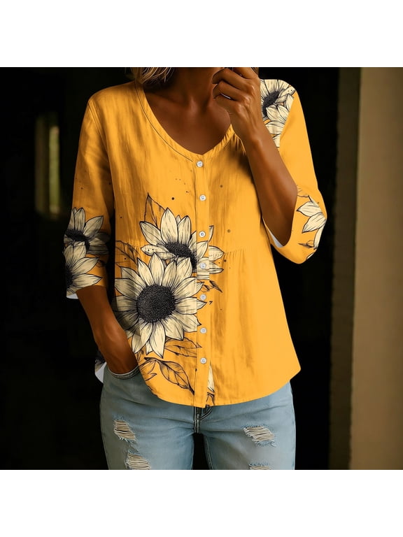 Women’s V Neck Button Down Shirts, 3/4 Sleeve Casual Loose Blouses, Lightweight Flowy Summer Tops Gift
