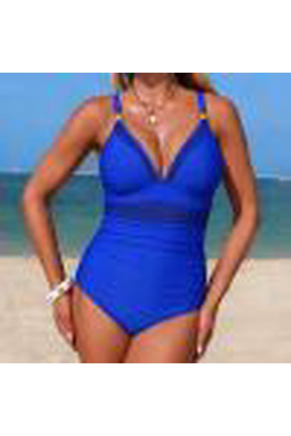 Women's V Neck Mesh One Piece Swimsuit Tummy Control Ruched Monokini, Removable Pads Push Up Full Coverage Modest Swimwear Long Torso Fit Plus Size Summer Gift