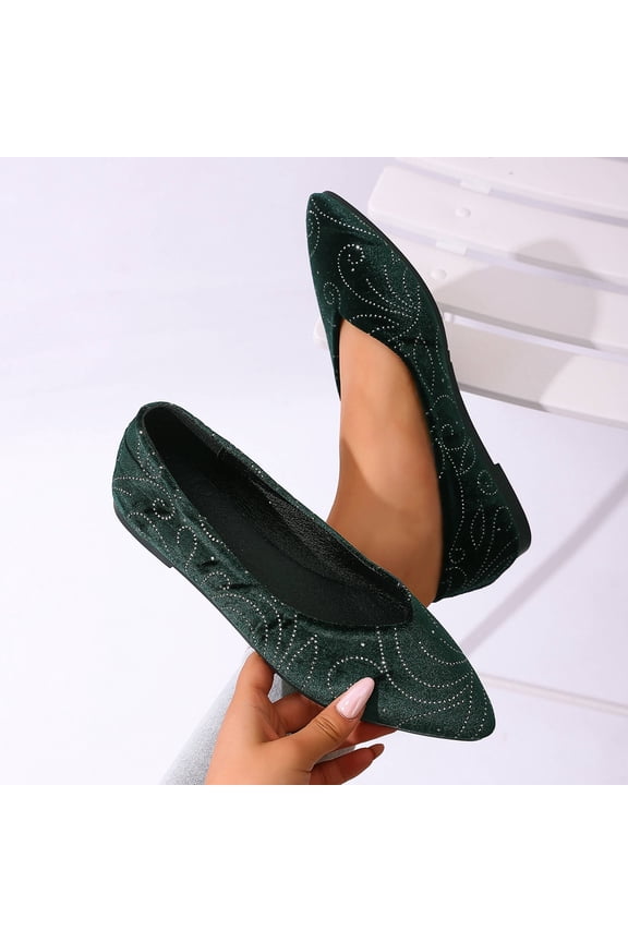 Women's Velvet Rhinestone Flats, Pointed Toe Studded Loafers, Sparkly Comfortable Slip On Shoes for Party Wedding Daily Gift