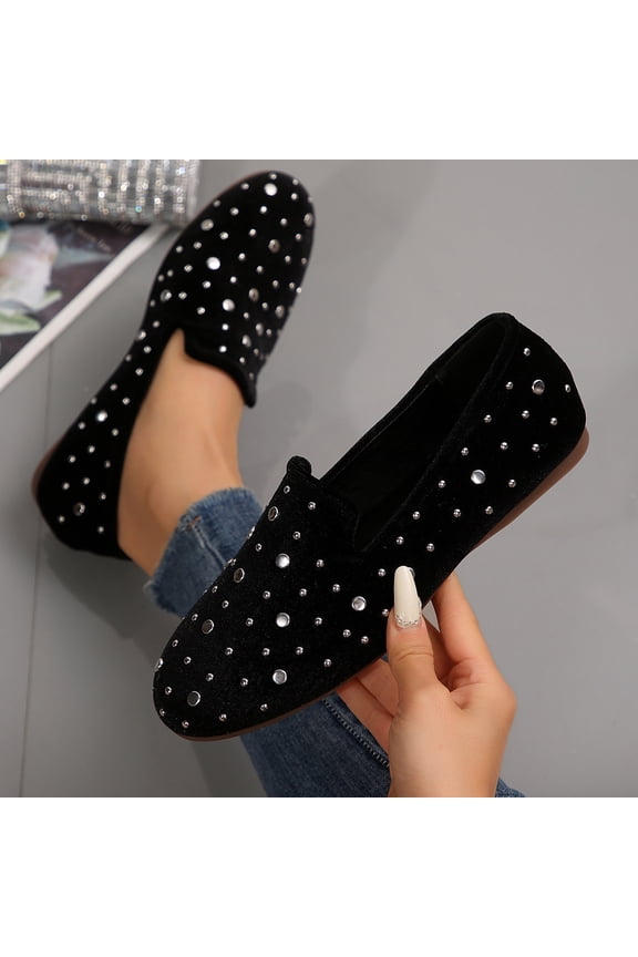 Women's Velvet Rhinestone Loafers, Sparkly Studded Round Toe Flats, Cushioned Comfortable Slip On Shoes for Office Daily Spring Gift