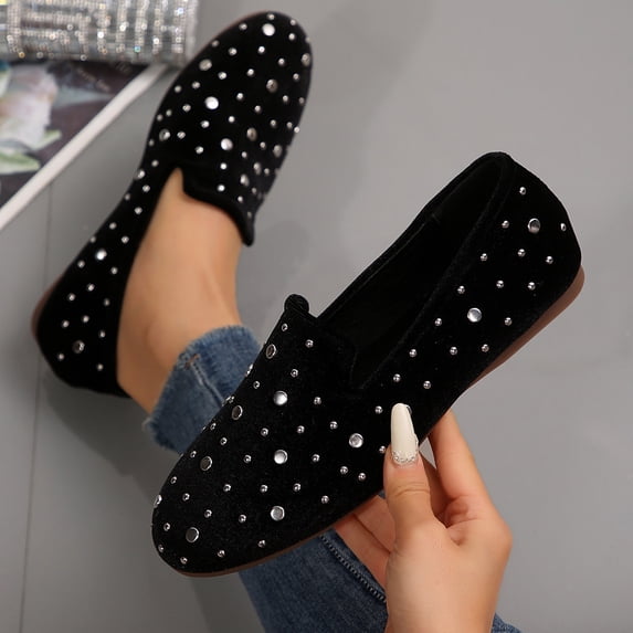 Xucatan Women's Velvet Rhinestone Loafers, Sparkly Studded Round Toe Flats, Cushioned Comfortable Slip On Shoes for Office Daily Spring Gift