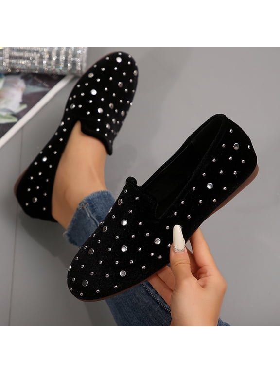 Women's Velvet Rhinestone Loafers, Sparkly Studded Round Toe Flats, Cushioned Comfortable Slip On Shoes for Office Daily Spring Gift