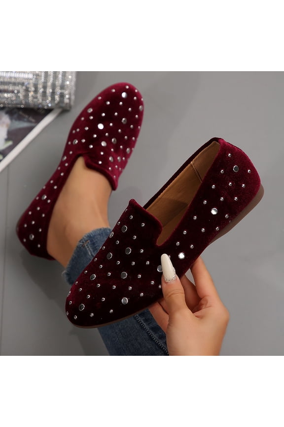 Women's Velvet Rhinestone Loafers, Sparkly Studded Round Toe Flats, Cushioned Comfortable Slip On Shoes for Office Daily Spring Gift